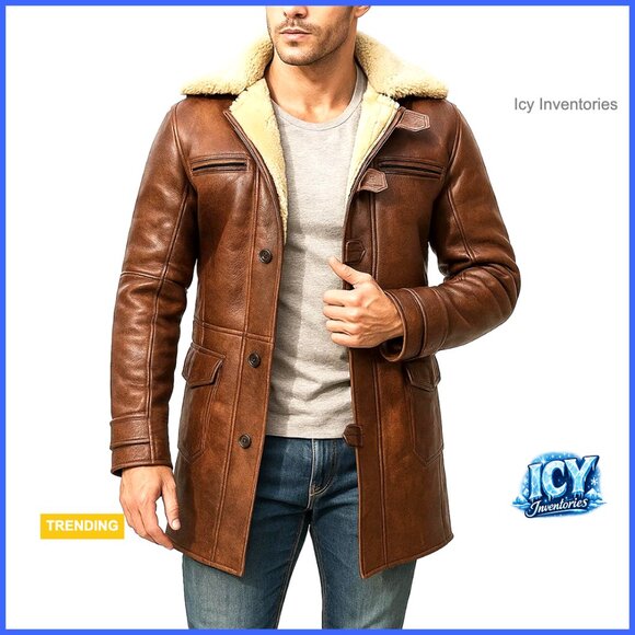 Faux Leather Trench Coat with Inner Fur Shearling Loop Button Closure